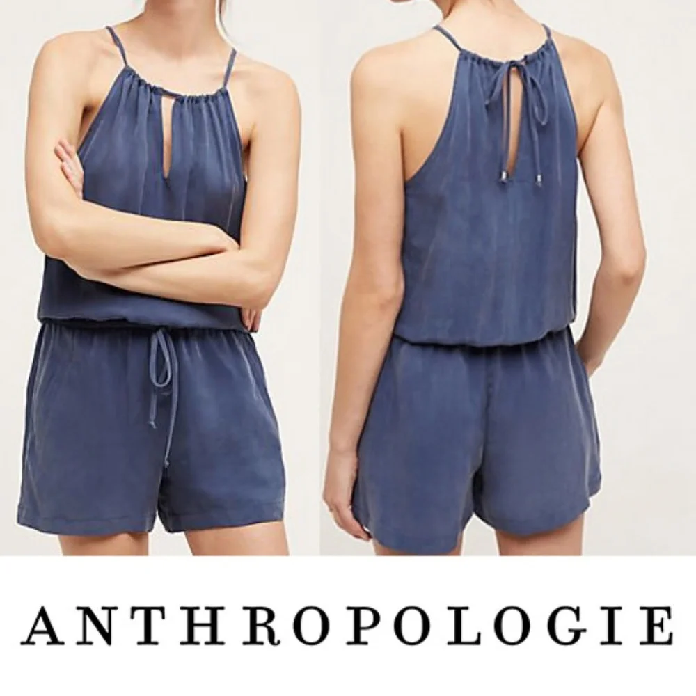 Anthropologie Elevenses Westward Romper Blue Size 2 Elastic Waistband